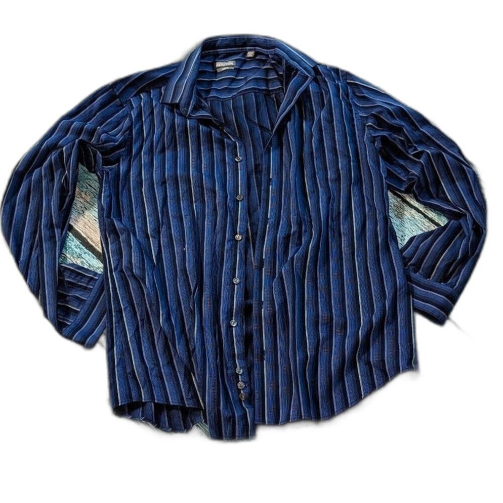 Kenneth Cole Reaction Men's‎ Size 16 1/2 (34/35) Blue Striped Slim Fit Shirt
